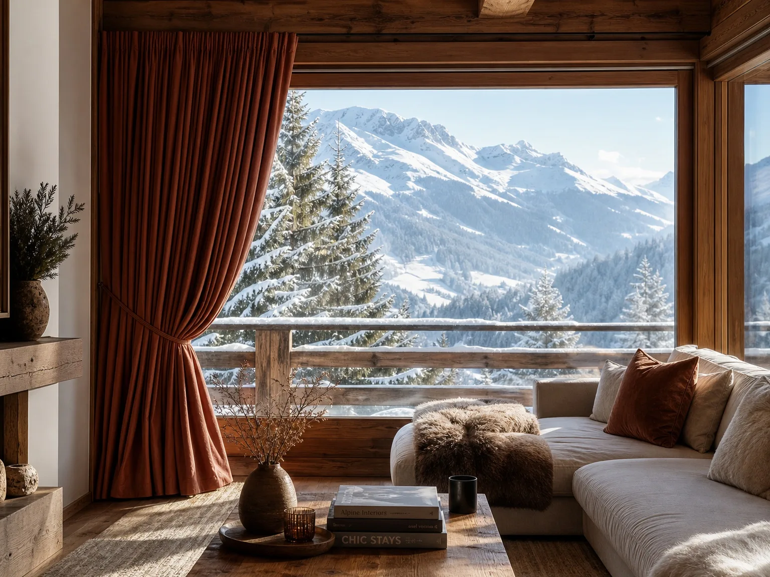 Fenêtre de chalet habillée de tentures chaleureuses, montagnes en arrière-plan