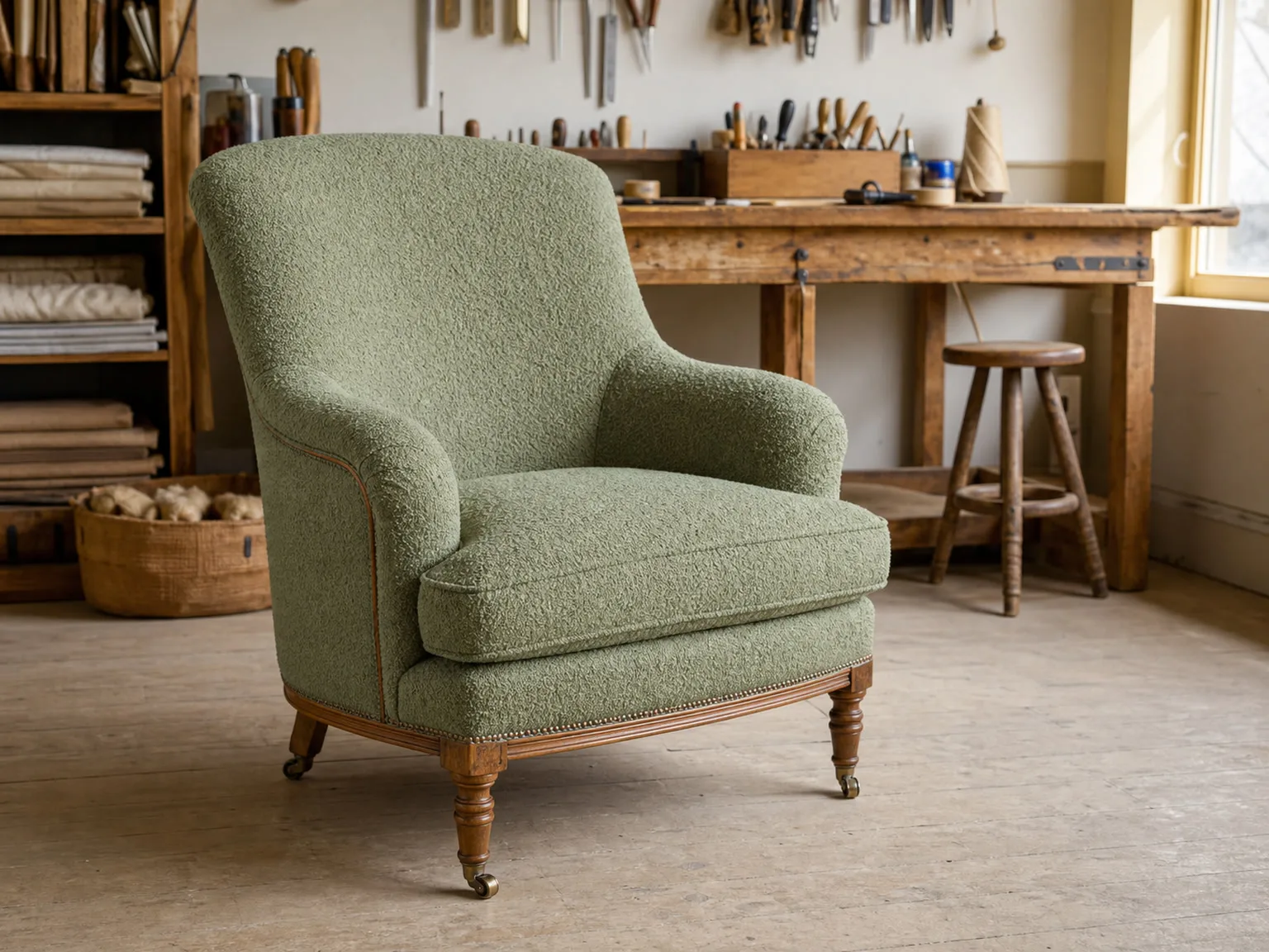Fauteuil ancien retapissé dans l'atelier, tissu neuf et finitions soignées