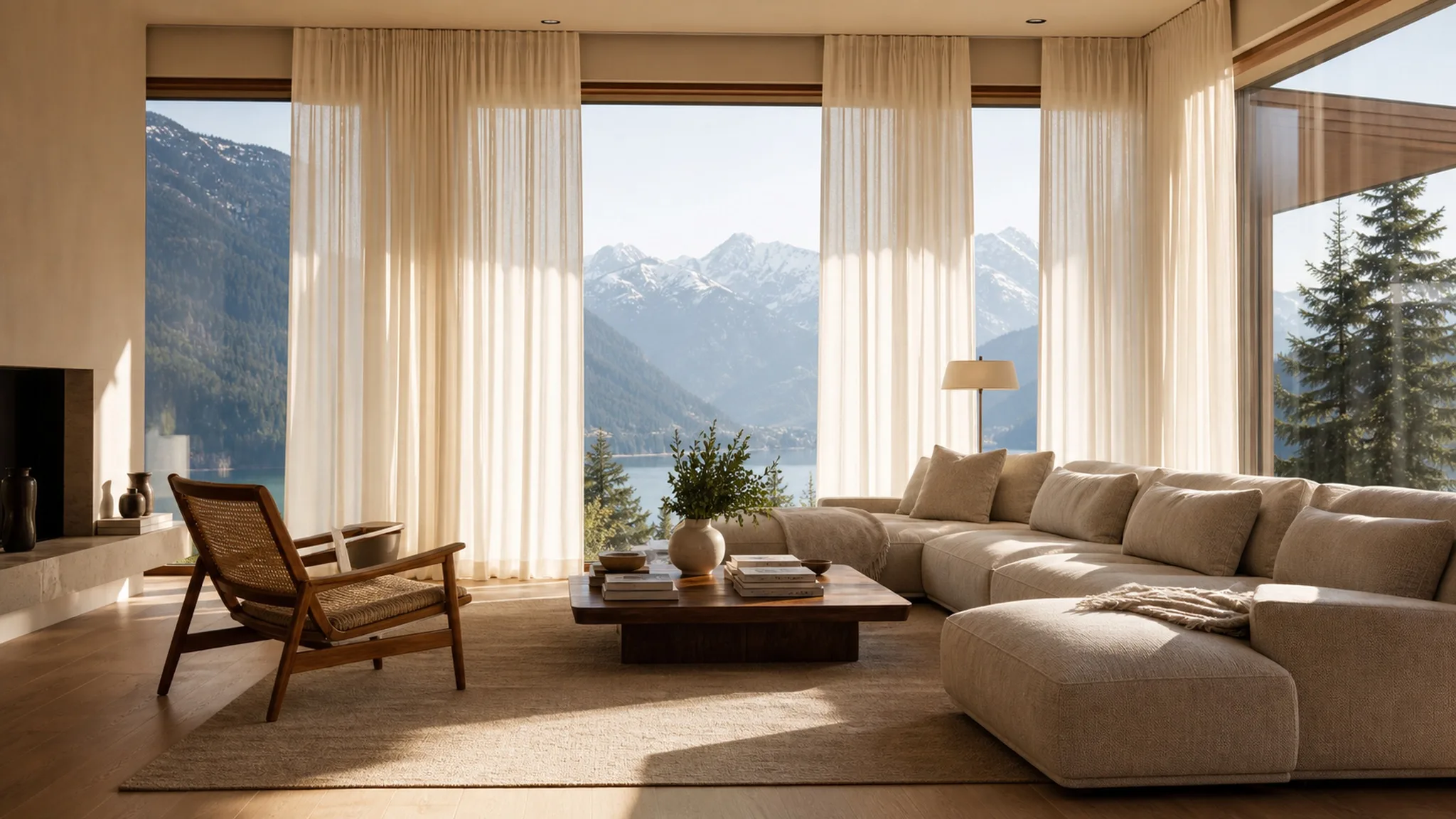 Salon lumineux baigné de lumière alpine, habillé de rideaux sur mesure tombant jusqu'au sol